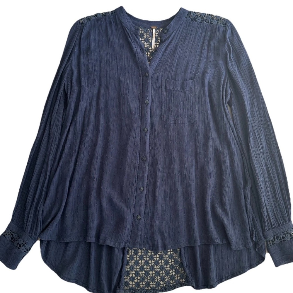 Free People Shirt Size XS  Blue Tunic Crochet Lace Back Lagenlook Cottagecore - Picture 5 of 12
